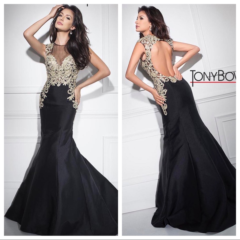 Black and gold lace stoned mermaid mikado gown